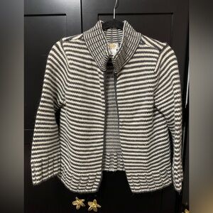 Talbots Gray Cream Striped Wool Angora Cardigan Cozy Scandi Girl Cabincore